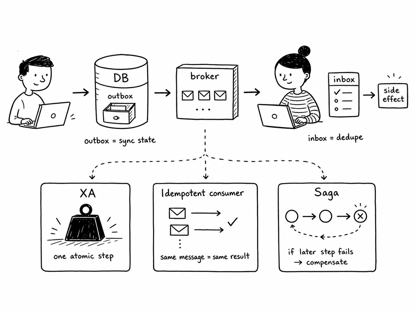 Static map of delivery guarantee patterns across database, broker, and consumer side effects