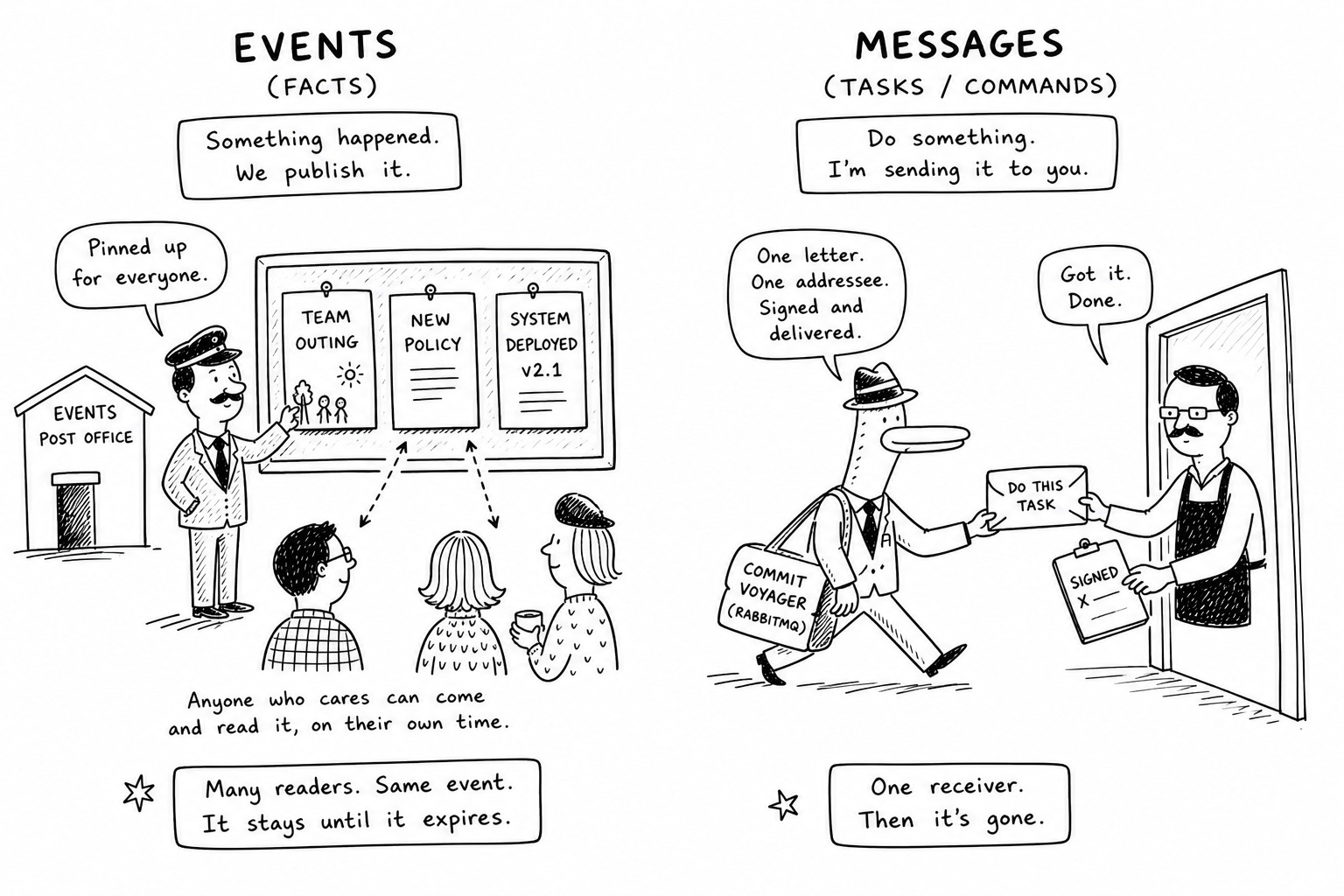 Event facts versus command messages: shared board for events, direct handoff for messages